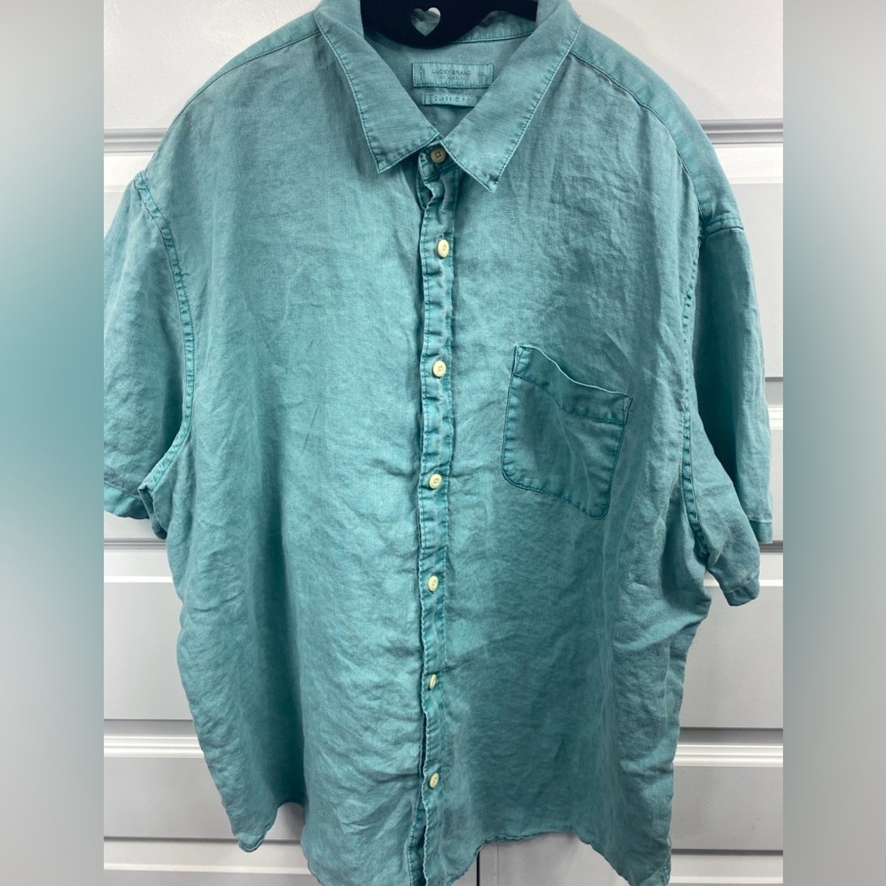100% Linen Lucky Brand Shirt Mens XXL Button Up Short Sleeve Classic Fit Green